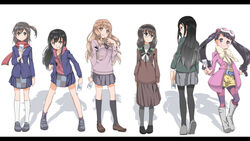  6+girls aoi_akira belt black_hair black_legwear boots bow brown_hair card chiyori_(wixoss) commentary_request from_behind goggles goggles_on_head hair_ribbon hairband highres jacket kneehighs kominato_ruuko kurebayashi_yuzuki letterboxed long_hair long_sleeves multiple_girls pantyhose ribbon scarf school_uniform selector_wixoss shoes shorts side_ponytail skirt socks striped_clothes striped_pantyhose sweater twintails uemura_hitoe urazoe_iona white_legwear wixoss yuuichi_(reductionblack) 