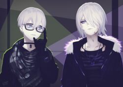  1boy 9s_(nier:automata) a2_(nier:automata) android commentary_request female glasses gloves hekoheko jacket looking_at_another mole nier:automata nier_(series) short_hair white_hair 