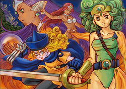  4girls alena_(dq4) armlet asymmetrical_clothes bad_id bad_pixiv_id bikini blue_eyes cape circlet claws crystal_ball curly_hair dragon_quest dragon_quest_iv earrings gloves green_eyes green_leotard hand_fan hat heroine_(dq4) jewelry leotard loincloth long_hair manya_(dq4) minea_(dq4) multiple_girls natsujiru open_mouth orange_hair pantyhose photoshop_(medium) purple_hair short_hair smile swimsuit sword weapon 