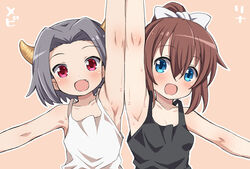  2girls :d armpits arms_up blue_eyes blush bow brown_hair character_name commentary_request grey_hair hair_between_eyes hairbow horns kounosu_satori looking_at_viewer multiple_girls oerba_yun_fang open_mouth orange_background ponytail purple_eyes short_hair sidelocks simple_background smile sweat tank_top tareme upper_body viprpg white_bow 