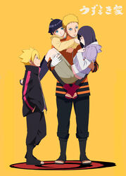  2boys 2girls blonde_hair blush brother_and_sister carrying commentary_request dandere family father_and_daughter father_and_son full_body highres husband_and_wife hyuuga_hinata md5_mismatch mother_and_daughter mother_and_son multiple_boys multiple_girls naruto naruto_(series) princess_carry siblings standing translated uzumaki_boruto uzumaki_himawari uzumaki_naruto yomi178 