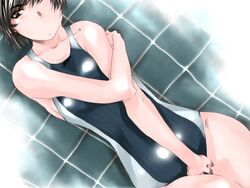  amagami bad_id bad_pixiv_id between_legs black_eyes black_hair blush breasts competition_swimsuit crossed_arms female large_breasts looking_at_viewer lying mike156 on_back one-piece_swimsuit one_eye_closed ponytail short_hair solo swimsuit tsukahara_hibiki 