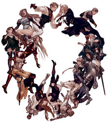  6+boys 6+girls absurdres armor boots canopus_wolph catiua_powell cerya_phoraena cistina_phoraena deneb_rove denim_powell gloves guildus_winzalf_burn hat high_heels highres knight lans_hamilton legs mildain_walhorn multiple_boys multiple_girls official_art olivya_phoraena photoshop_(medium) ravness_loxaerion sherri_phoraena shoes siblings simple_background sisters sword tactics_ogre vice_bozeg warren_moons weapon witch witch_hat yoshida_akihiko 