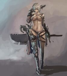  :p armor b.b belt bikini_armor black_eyes boots breasts commentary_request female gauntlets horns huge_breasts korean_commentary navel original short_hair silver_hair solo sword thighhighs tongue tongue_out weapon 