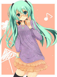  bespectacled bracelet commentary_request female glasses green_eyes green_hair hatsune_miku headphones jewelry long_hair minase_kaya necklace osanpo_style_(module) project_diva_(series) project_diva_2nd skirt smile solo thighhighs twintails vocaloid 