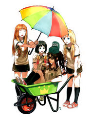  4girls absurdres backwards_hat baseball_cap black_hair blonde_hair blue_eyes closed_eyes commentary_request dicorndl drinking drinking_straw electric_fan full_body hat highres iced_coffee long_hair multiple_girls orange_hair original photoshop_(medium) school_uniform short_hair simple_background skirt sunglasses sweat twintails umbrella wheelbarrow white_background 