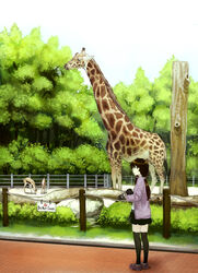  absurdres antelope black_skirt black_thighhighs brown_hair camera closed_mouth commentary_request day dicorndl female from_side full_body gazelle giraffe grass green_eyes highres holding holding_camera long_hair long_sleeves miniskirt original outdoors photoshop_(medium) school_uniform single-lens_reflex_camera skirt standing thighhighs tree twintails zoo zoom_lens 