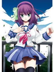  angel_beats! black_thighhighs bow cloud commentary_request day female goyacchi green_eyes hairband hairbow leaf nakamura_yuri panties pantyshot photoshop_(medium) purple_hair school_uniform serafuku sky smile solo striped_clothes striped_panties thighhighs tree underwear wind wind_lift 