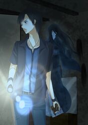  1boy absurdres akatsuki_(kuon) amakura_kei bad_id bad_pixiv_id black_hair blue_eyes camera denim fatal_frame fatal_frame_3 female flashlight ghost highres japanese_clothes jeans jewelry kimono kuze_kyouka long_hair necklace no_eyes pants short_hair 