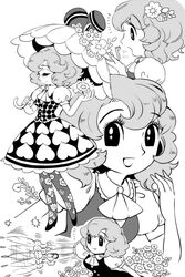  1950s_(style) 1960s_(style) bug commentary_request female flower greyscale hair_flower hair_ornament halftone kazami_yuuka monochrome open_mouth pantyhose parody print_pantyhose retro_artstyle smile style_parody takatora tezuka_osamu_(style) touhou umbrella white_background 