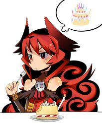  :t birthday_cake blush cake commentary_request demon_girl demon_horns eating elbow_gloves female flat_chest food fork gloves horns long_hair maou_beluzel ofly_(ofly252) red_eyes red_hair solo thought_bubble yuusha_to_maou 