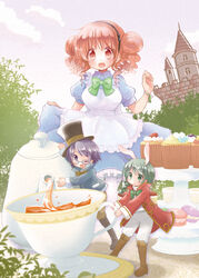  3girls :d alice_in_wonderland blush bow breasts commentary_request cup cupcake double_bun food glasses green_eyes green_hair hair_bun hat hidamari_sketch highres hiro_(hidamari_sketch) macaron medium_breasts mini_person minigirl multiple_girls natsume_(hidamari_sketch) one_eye_closed open_mouth pantyhose purple_eyes purple_hair quro_(black_river) ribbon sae_(hidamari_sketch) saucer short_hair smile teacup teapot top_hat wrist_ribbon 