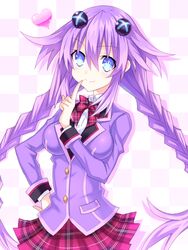  bad_id bad_pixiv_id blue_eyes braid breasts female hair_ornament heart hinano jacket long_hair long_sleeves looking_at_viewer medium_breasts neptune_(series) plaid plaid_skirt purple_hair purple_heart_(neptunia) ribbon school_uniform skirt symbol-shaped_pupils twin_braids very_long_hair 