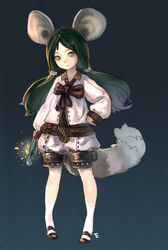  animal_ears black_hair blade_&amp;_soul commentary dicorndl female full_body green_eyes highres lyn_(blade_&amp;_soul) original photoshop_(medium) smile solo symbol-only_commentary tail twintails 