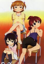  3girls absurdres animal ass barefoot bike_shorts black_eyes black_hair blush brown_eyes brown_hair casual chair chikubi hair_bun hair_ribbon hamster highres imageboard_desourced looking_back marui_futaba marui_hitoha marui_mitsuba mitsudomoe_(manga) multiple_girls nakayama_hatsue non-web_source nyantype official_art on_chair ponytail red_eyes red_hair ribbon scan short_hair shorts siblings single_hair_bun sisters skirt smile socks 