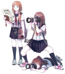  3girls absurdres bag black_legwear brown_hair camera commentary_request dicorndl full_body hand_fan highres kneehighs lanyard long_hair multiple_girls original photoshop_(medium) ponytail school_uniform simple_background skirt socks twintails white_background 