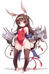  adapted_costume ahoge animal_ears ass_visible_through_thighs azur_lane barefoot black_eyes black_hair braid breasts brown_hair brown_thighhighs commentary_request covered_navel female full_body hairband highres karukan_(monjya) leotard long_hair looking_at_viewer machinery ping_hai_(azur_lane) ping_hai_(osmanthus_moon_rabbit)_(azur_lane) pink_hair rabbit_ears rabbit_girl red_eyes red_leotard rigging robe simple_background small_breasts solo standing thighhighs twin_braids white_background white_hairband 