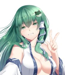  bare_shoulders breasts cleavage collared_shirt commentary_request detached_sleeves female frog_hair_ornament green_eyes green_hair grin hair_ornament highres kochiya_sanae long_hair looking_at_viewer medium_breasts mengo no_bra nontraditional_miko open_clothes open_shirt shirt simple_background sleeveless sleeveless_shirt smile snake_hair_ornament solo touhou transparent_background upper_body v white_shirt 