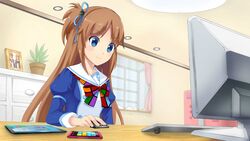  bow brown_hair dress hair_ribbon highres madobe_ai microsoft os os-tan ribbon side_ponytail wallpaper windows windows_8 