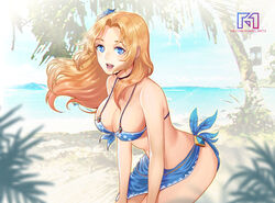  bikini blonde_hair blue_bikini blue_eyes breasts choker commentary_request covered_nipples day female frey_(king&#039;s_raid) king&#039;s_raid large_breasts leaning_forward lips looking_at_viewer ocean open_mouth outdoors photoshop_(medium) pink_lips sarong solo strap_gap summer swimsuit watermark web_address wind zuriel 