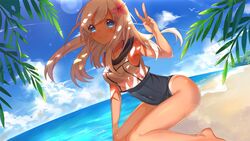  beach blonde_hair blue_eyes commentary dappled_sunlight day female flower fm hair_flower hair_ornament highres kantai_collection long_hair outdoors ro-500_(kancolle) smile solo sunlight swimsuit tan tanlines v 