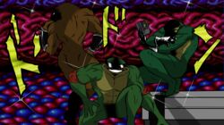  3boys ass back battle_tendency battletoads fabulous frog game_cartridge game_console jojo_no_kimyou_na_bouken manly multiple_boys muscular nes pimple_(battletoads) rash_(battletoads) shaded_face sparkle standing sunglasses zitz 