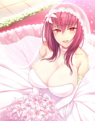  absurdres bare_shoulders blush bouquet breasts bridal_veil choker circlet cleavage collarbone commentary_request dress elbow_gloves fate/grand_order fate_(series) female flower gloves hair_between_eyes hair_flower hair_ornament highres huge_breasts jewelry lace lace-trimmed_dress lace_trim long_hair lun7732 open_mouth purple_hair red_eyes scathach_(fate) smile solo tearing_up veil wedding_dress white_gloves 