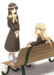  2girls aged_down animal bench black_skirt blonde_hair commentary_request feline kubo_shiori lillian_girls&#039;_academy_school_uniform long_hair long_sleeves looking_at_viewer looking_back maria-sama_ga_miteru multiple_girls natsushi satou_sei school_uniform serafuku sitting skirt standing v_arms white_background 