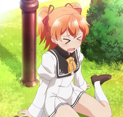  &gt;_&lt; anime_screenshot closed_eyes female highres open_mouth orange_hair ore_ga_ojou-sama_gakkou_ni_&quot;shomin_sample&quot;_toshite_rachirareta_ken photoshop_(medium) school_uniform short_hair solo stitched tenkuubashi_aika third-party_edit twintails 