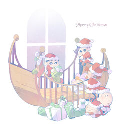  baby bed bedroom black_hair blue_hair boo-chan box christmas christmas_stocking commentary_request cradle crayon_shin-chan gift gift_box happy kazama_tooru namauni nohara_himawari nohara_shinnosuke red_hair sakurada_nene santa_costume satou_masao sleeping snot snowing socks window 