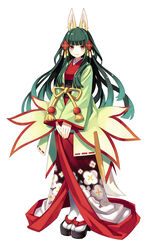  animal_ears female fox_ears full_body green_hair hair_ornament japanese_clothes kimono long_hair long_sleeves official_art red_kimono sandals simple_background slit_pupils solo standing tabi tachi-e trinity_universe tsubaki_(trinity_universe) tsunako white_background 