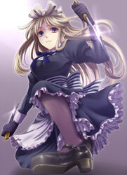  apron axis_powers_hetalia belarus_(hetalia) blonde_hair blue_eyes bow breasts commentary_request dress dual_wielding female gloves hairbow holding knife long_hair medium_breasts pantyhose sasano_shiki solo 