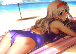  ass bare_shoulders beach blush breast_press breasts commentary_request competition_swimsuit day female grey_hair hairband idolmaster idolmaster_(classic) inflatable_raft large_breasts long_hair lying ocean on_stomach one-piece_swimsuit purple_one-piece_swimsuit red_eyes seki_suzume shijou_takane solo swimsuit umbrella 