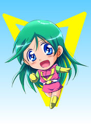  70s belt blue_background blue_eyes boots chibi combattler_v dress female gloves green_hair long_hair looking_at_viewer marimon_m nanbara_chizuru oldschool open_mouth running smile solo sunrise_(company) super_deformed touei 