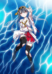  afloat black_hair bleeding blood boots commentary_request female from_above hair_ornament hand_up haruna_(kancolle) highres injury kantai_collection long_hair looking_at_viewer lying nontraditional_miko open_mouth orange_eyes outstretched_arm photoshop_(medium) reaching smile solo thigh_boots thighhighs tokino torn_clothes water zettai_ryouiki 