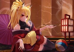  absurdres animal_ears ball beachball black_thighhighs blonde_hair blush brown_eyes commentary_request female fox_ears fox_girl hair_between_eyes highres japanese_clothes looking_at_viewer lying nuwon on_side original pleated_skirt ponytail red_skirt skirt solo thighhighs 