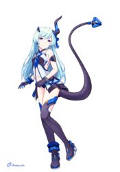  aqua_hair armlet ass asymmetrical_horns bare_shoulders black_gloves black_panties blush boots breasts commentary_request danraz0r dress ehart expressionless female full_body gloves hair_between_eyes hair_ornament hair_ribbon highres honkai_(series) honkai_impact_3rd horns liliya_olenyeva long_hair looking_at_viewer mechanical_tail navel open_clothes open_dress panties purple_eyes ribbon short_dress simple_background single_horn small_breasts solo standing tail thighhighs twitter_username underwear uneven_horns white_background 