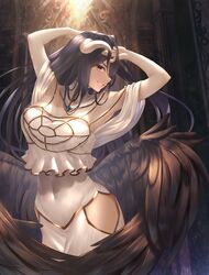  absurdres albedo_(overlord) arms_up bare_shoulders black_hair black_wings blush breasts cleavage commentary_request demon_girl demon_horns demon_wings dress feathered_wings female hair_between_eyes hands_in_hair highres horns large_breasts long_hair looking_at_viewer navel overlord_(maruyama) parted_lips rausu_(undeadmachine) slit_pupils smile solo teeth white_dress white_horns wings yellow_eyes 