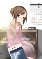  aki_(yunkana) bed book box brown_eyes brown_hair calendar_(object) cardigan cellphone clock commentary digital_clock fading female ghost gift gift_box hair_bun hair_ornament hairclip head_tilt highres implied_death light_particles light_smile looking_at_viewer mechanical_pencil on_bed original pajamas pencil phone pink_cardigan plant potted_plant pov pov_hands short_hair sidelocks single_hair_bun sitting smartphone solo_focus striped_clothes striped_pajamas text_messaging tissue_box translated transparent 