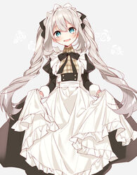  :d alternate_costume apron black_dress black_ribbon blue_eyes blush commentary_request dress enmaided fate/grand_order fate_(series) feet_out_of_frame female floral_background frilled_apron frills grey_background grey_hair head_tilt juliet_sleeves long_hair long_sleeves looking_at_viewer maid maid_headdress marie_antoinette_(animejapan_2016)_(fate) marie_antoinette_(fate) naoto_(tulip) neck_ribbon official_alternate_costume open_mouth puffy_sleeves ribbon skirt_hold smile solo standing tail twintails very_long_hair white_apron 