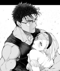  1boy absurdres bare_shoulders blush commentary_request dress female glasses greyscale hairband highres kyougoku_makoto looking_at_another looking_to_the_side medium_hair meitantei_conan monochrome muscular muyukikiyoshi11521 parted_lips shirt sleeveless sleeveless_shirt suzuki_sonoko tears upper_body 