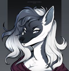  2018 anthro black_hair black_nose canid canine canis digital_media_(artwork) facial_piercing female grey_eyes hair hi_res lip_piercing looking_at_viewer mammal piercing simple_background smile solo white_hair wolf yasmil zephyr_drakious 