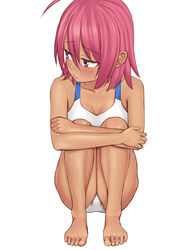  ahoge barefoot blush bokutachi_wa_benkyou_ga_dekinai breasts commentary_request dark-skinned_female dark_skin easy_(aqk7bdqt) feet female hugging_own_legs long_toes looking_at_viewer medium_hair photoshop_(medium) pink_hair purple_eyes short_hair simple_background sitting smile solo swimsuit takemoto_uruka tan toes white_background 