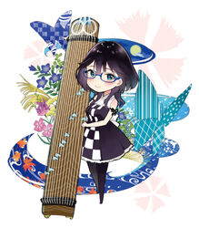  bare_arms bare_shoulders black_dress black_footwear black_hair black_pantyhose blue-framed_eyewear blue_butterfly blue_eyes blue_flower blush breasts bug butterfly checkered chibi closed_mouth commentary_request dress female flower glasses hair_between_eyes holding holding_instrument instrument koto_(instrument) long_hair looking_at_viewer medium_breasts miyabi_akino nadeshiko_doremisora pantyhose pink_flower semi-rimless_eyewear shoes sleeveless sleeveless_dress smile solo togawa_kano under-rim_eyewear 