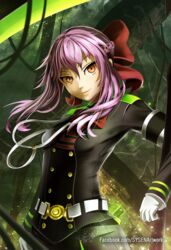  black_jacket black_skirt bow commentary_request female floating_hair gloves hair_between_eyes hairbow head_tilt highres hiiragi_shinoa jacket long_hair long_sleeves looking_at_viewer military_jacket orange_eyes owari_no_seraph purple_hair red_bow scythe skirt smile solo standing sysen watermark web_address white_gloves 