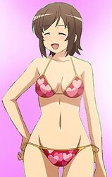  2014 ^_^ bare_arms blush chestnut_mouth collarbone female foreshortening futsuu_no_joshikousei_ga_locodol_yattemita hand_on_hip happy mound_of_venus red_bikini red_swimsuit solo string_bikini usami_nanako 