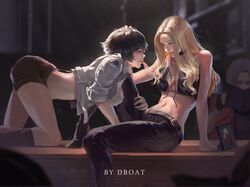  1boy 2girls all_fours artist_name bare_shoulders belt black_hair blonde_hair blurry blurry_background blush breasts cleavage commentary cropped_jacket dante_(devil_may_cry) dark_background dboat desk devil_may_cry_(series) devil_may_cry_5 eva_(devil_may_cry) eye_contact food grey_hair hand_on_another&#039;s_head highres hugging_another&#039;s_leg lady_(devil_may_cry) leather leather_pants light light_rays long_hair looking_at_another multiple_girls pants peeping picture_frame pizza reading shared_food short_hair short_shorts shorts smile trish_(devil_may_cry) untied yuri 