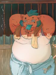  2019 anthro belly bottomwear buta5kawa closed_eyes clothed clothing food fully_clothed ganglie_(tas) hamuga86 hi_res japanese_text lifewonders male mammal overweight overweight_anthro overweight_male pants popsicle sea_salt_ice_cream shirt solo suid suina sus_(pig) text tokyo_afterschool_summoners topwear wild_boar 