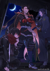  2019 3boys adjusting_eyewear armor belt black_gloves black_hair blue_eyes bridal_gauntlets brown_hair capelet commentary_request crescent_moon crossed_arms dated epaulettes glasses gloves glowing glowing_eyes highres hizen_tadahiro jacket jacket_on_shoulders japanese_armor japanese_clothes katana male_focus moon multicolored_hair multiple_boys mutsu-no-kami_yoshiyuki mutsu-no-kami_yoshiyuki_(kiwame) nankaitarou_chouson night red_eyes red_hair sandals scarf settsu_decopon sheath sheathed shoulder_armor sky smile sode squatting star_(sky) starry_sky sword tabi touken_ranbu weapon yellow_eyes 