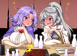  2girls ^^^ absurdres bad_id bad_twitter_id blue_eyes blush choko_(cup) chopstick_rest chopsticks commentary cup detached_sleeves drunk food grey_hair highres hood hood_down inactive_account itou_yuuji kabayaki kumoi_ichirin light_purple_hair long_hair meat mononobe_no_futo motion_lines multiple_girls no_headwear noren open_mouth plate ponytail ribbon-trimmed_sleeves ribbon_trim squeans table tokkuri touhou yakiniku 